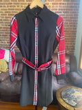 RED PLAID PRINT ON BLACK DRESS