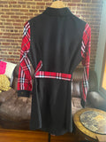 RED PLAID PRINT ON BLACK DRESS