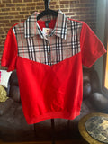 SHORT SLEEVED BROWN PLAID PRINT ON RED SWEAT SUIT