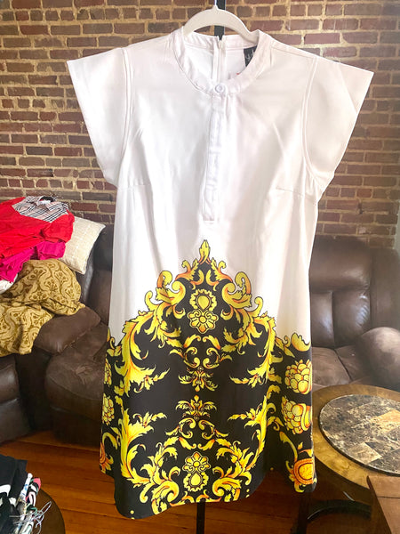 WHITE DRESS WITH YELLOW AND ORANGE BAROQUE PATTERN PRINT