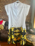 WHITE DRESS WITH YELLOW AND ORANGE BAROQUE PATTERN PRINT