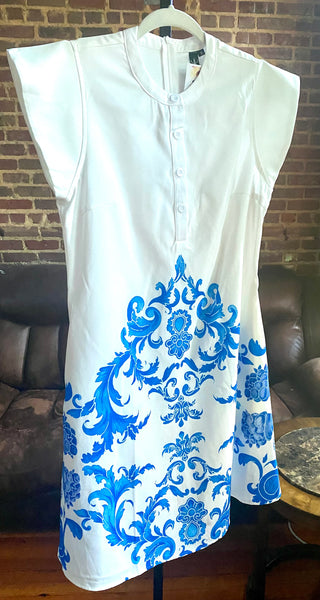 WHITE DRESS WITH BLUE  BAROQUE PATTERN PRINT